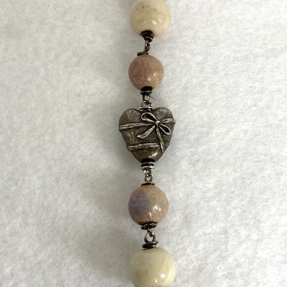 Sterling Silver 925 Italy Ceramic Beaded Pewter Heart Bow Bracelet - Picture 11 of 16
